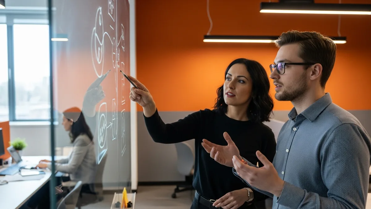 Hiring manager and newly hired data scientist collaborating at a whiteboard in a modern office