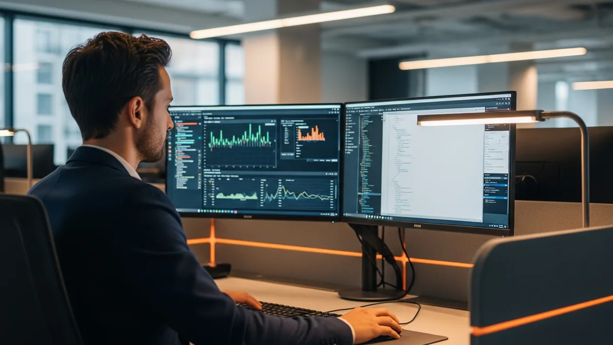 Data scientist working at a multi-monitor workstation displaying data dashboards and charts