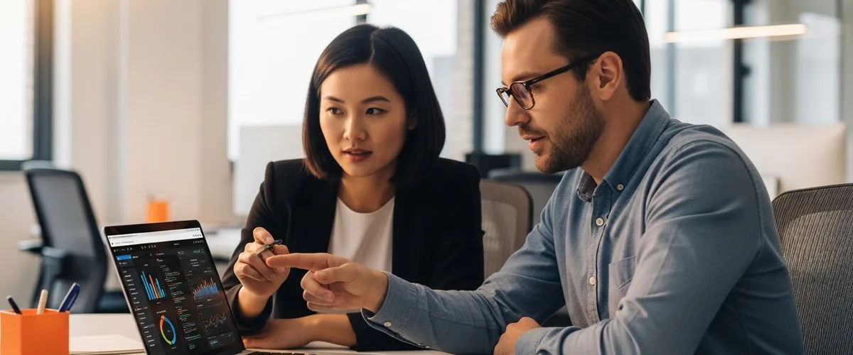 Engineering director and finance lead reviewing a DevOps engineer hiring budget on a laptop in a modern office
