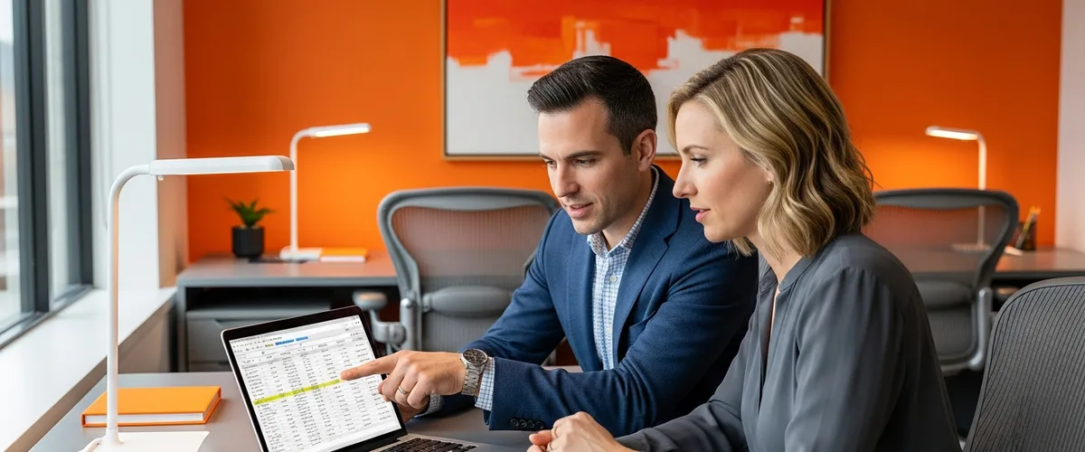 Startup founder and finance lead reviewing the first-year cost to hire a product manager on a laptop budget spreadsheet in a modern office