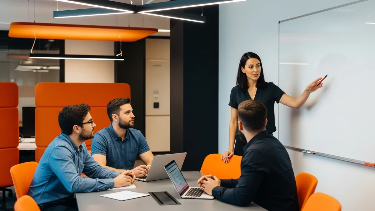 Product manager leading a cross-functional planning session at a whiteboard with two engineers and a designer