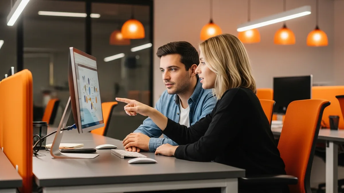 Newly hired product manager onboarding with a teammate at a monitor during the first weeks on the job