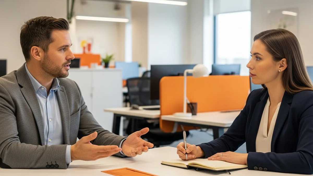 Hiring manager and recruiter discussing the cost of a product manager search across a meeting table in a modern tech office