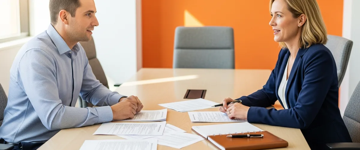 Hiring manager and technical recruiter discussing the cost to hire a software developer at a conference table