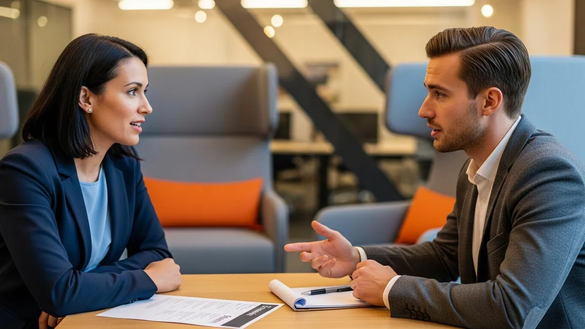 Technical recruiter interviewing a software developer candidate across a table in a modern office