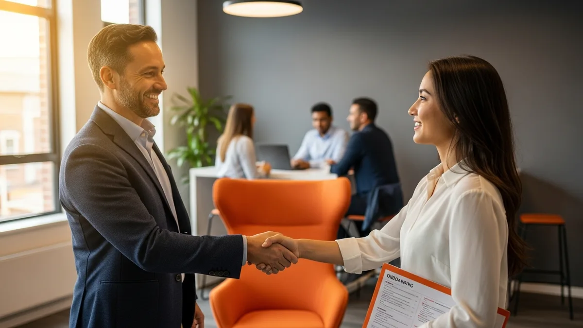 Engineering manager welcoming a newly hired software developer on the first day during onboarding