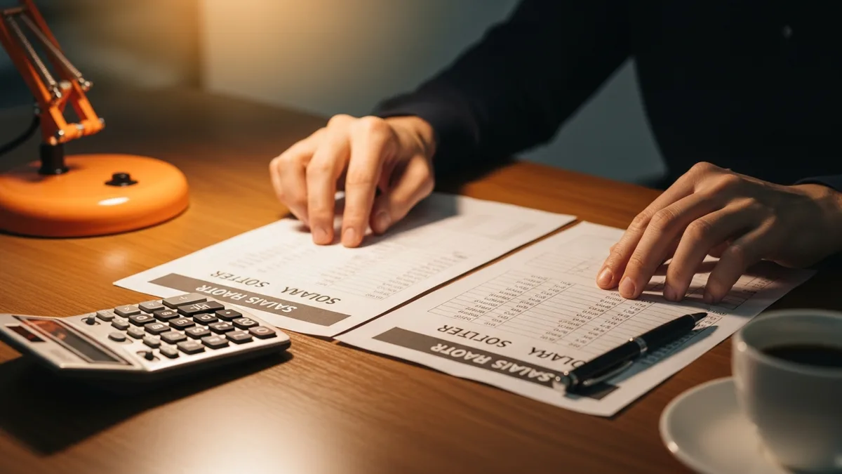 Hiring manager comparing printed software developer salary and offer sheets with a calculator and pen