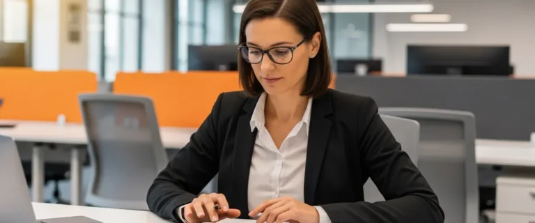 Hiring manager at a desk with a calculator and spreadsheet planning the 2026 cost to hire a web developer in a modern office