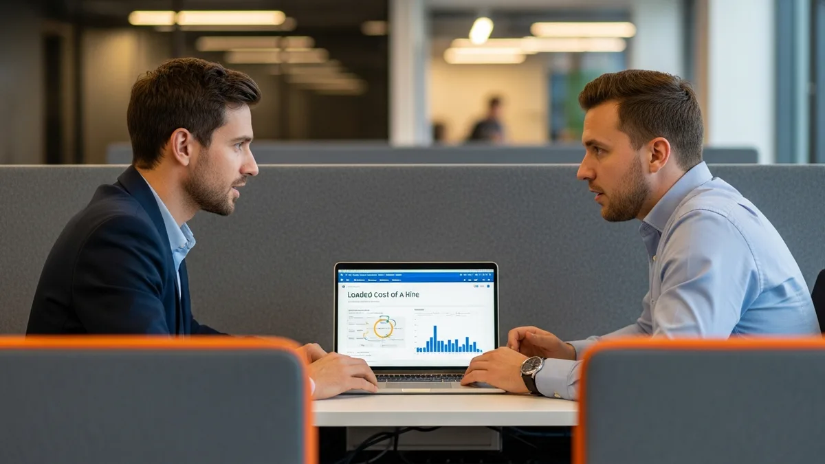 Hiring manager and web developer reviewing the loaded first-year cost of a web hire on a laptop in a modern office