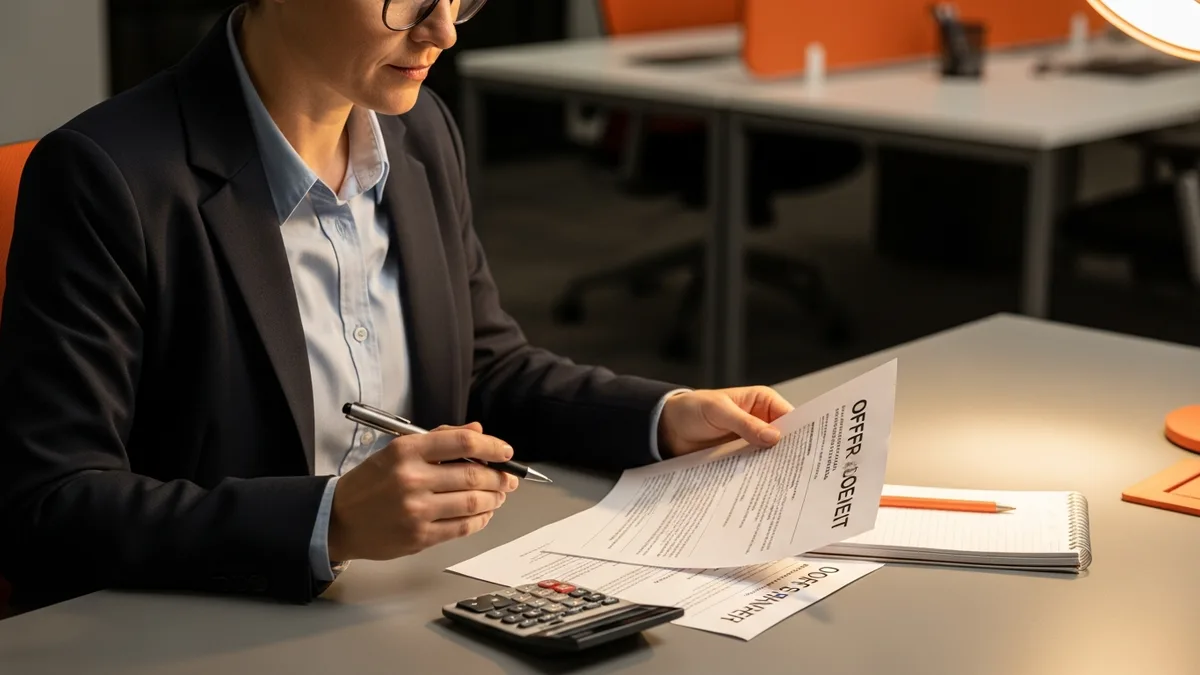 Staffing recruiter reviewing a web developer offer letter with a calculator to total the first-year cost of hire
