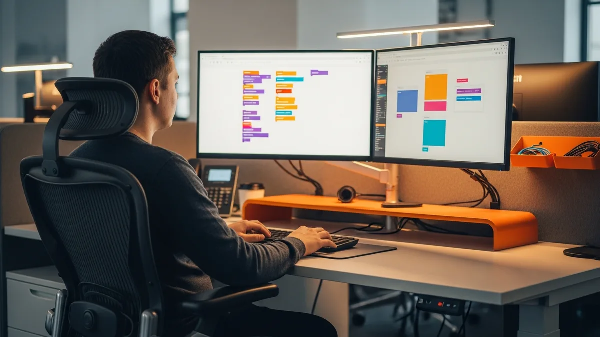 Web developer building a website at a dual-monitor workstation in a modern engineering office with orange accents