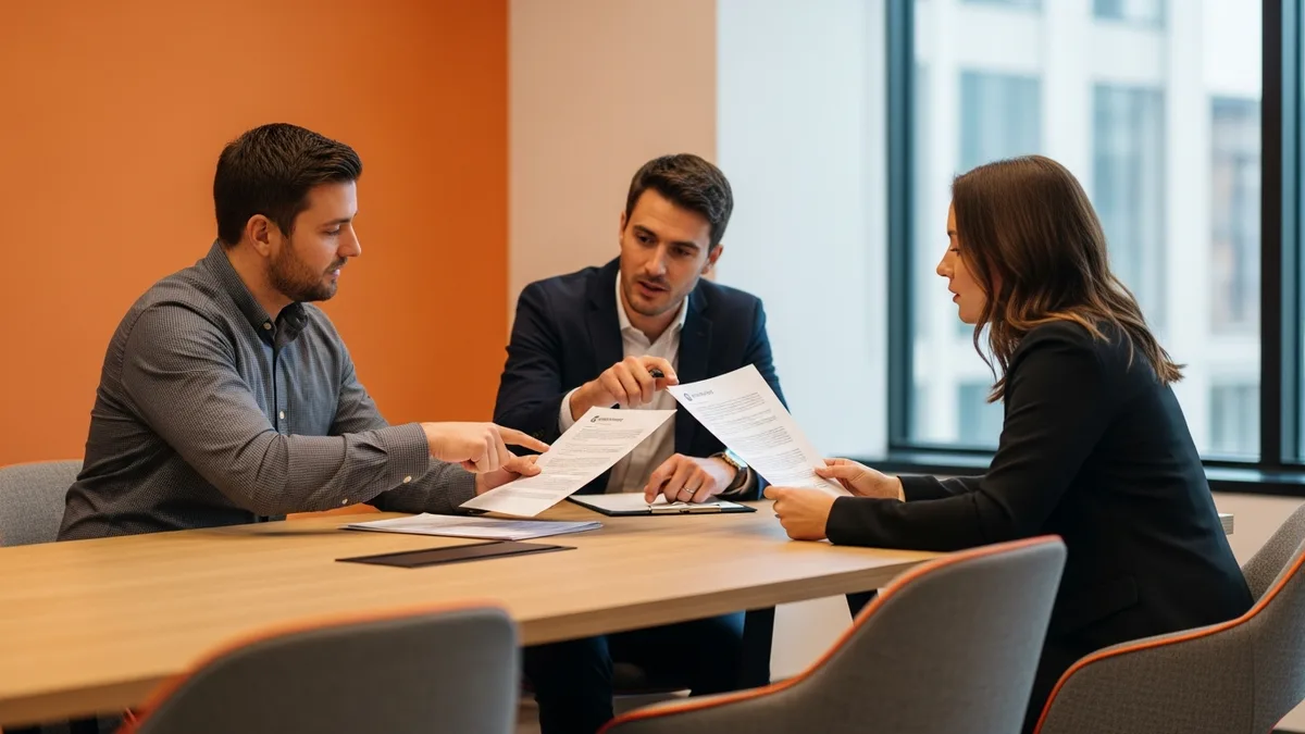 Hiring team debriefing over printed candidate packets after a cybersecurity engineer interview