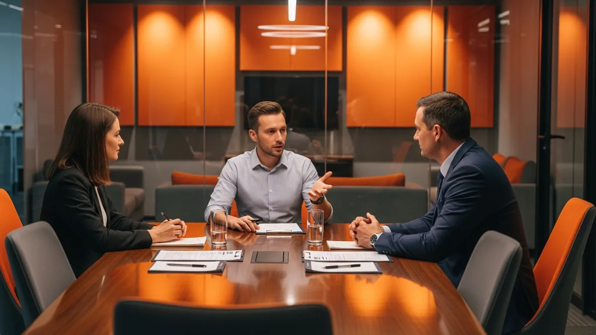 Cybersecurity engineer candidate answering questions from two interviewers in a glass-walled conference room