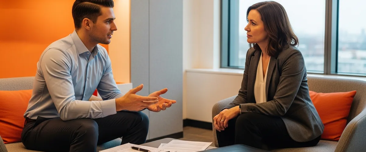 Hiring manager and cybersecurity engineer candidate in a focused interview conversation in a modern office