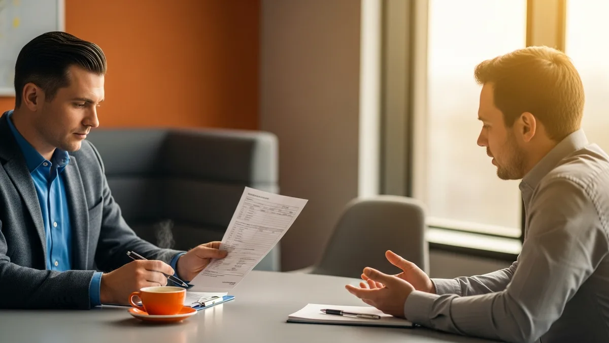 Interviewer reviewing a printed scorecard while a cybersecurity engineer candidate explains an answer