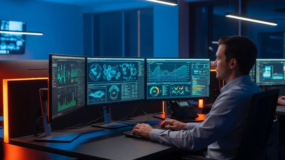 Cybersecurity engineer monitoring threat detection dashboards in a security operations center