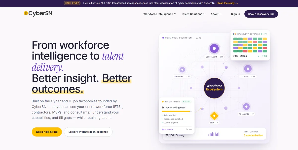 CyberSN cybersecurity-only staffing agency homepage 2026