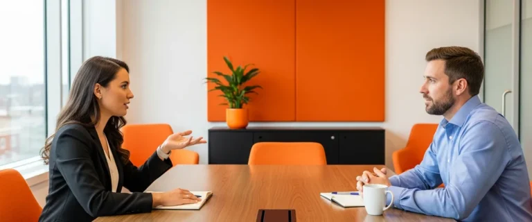 Hiring manager and data analyst candidate seated across a modern conference table with orange wall accents and walnut furniture, illustrating the 2026 data analyst interview