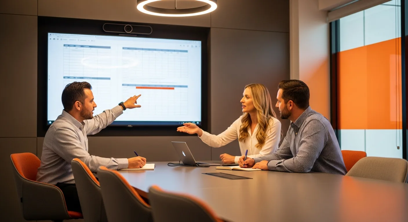 Hiring debrief team reviewing a six-dimension data analyst interview scorecard on a shared wall monitor during the post-loop calibration discussion