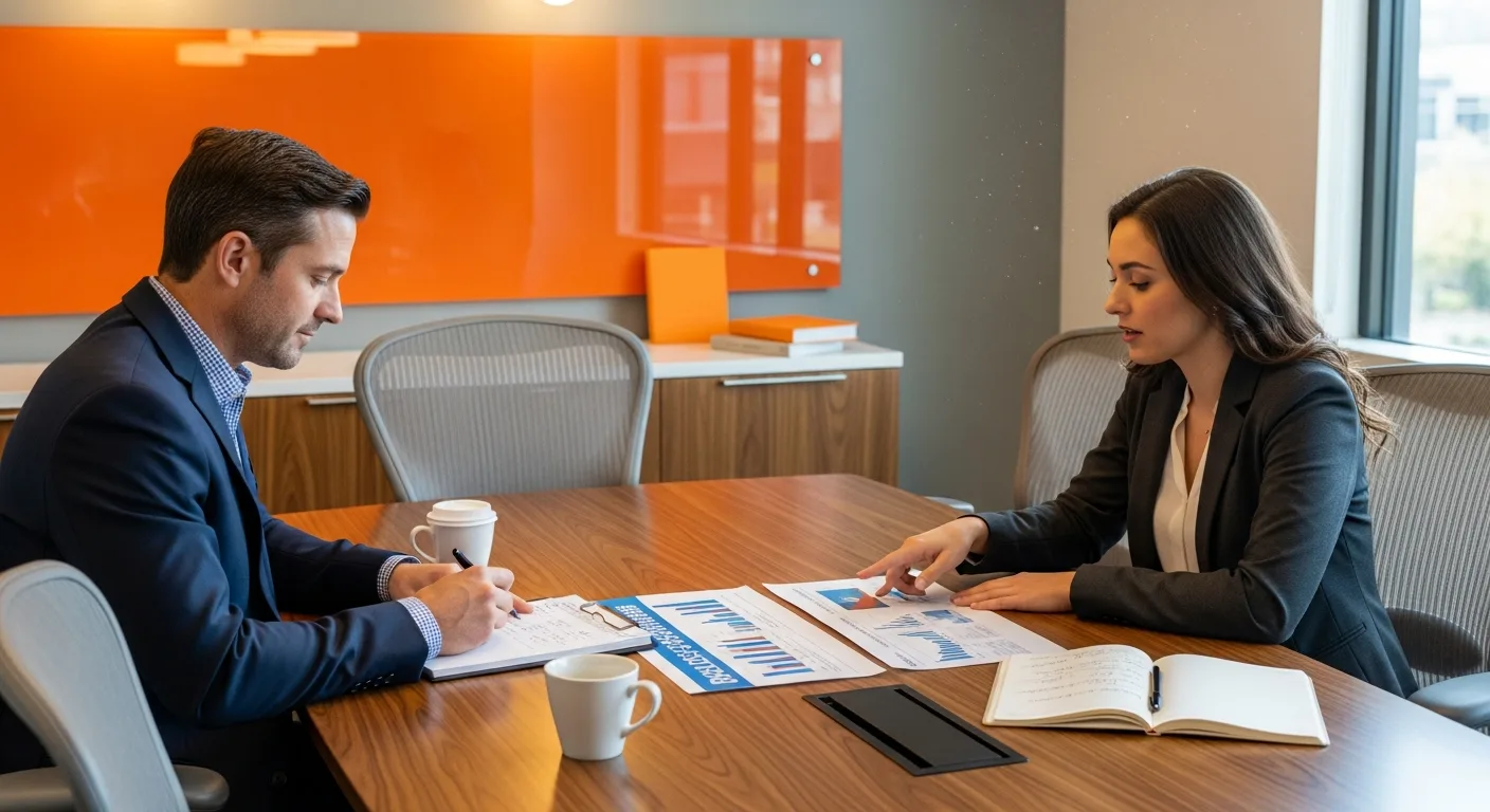 Hiring manager interviewing a data analyst candidate across a modern conference table with case study papers and notebook open, illustrating the four-round 2026 data analyst interview loop