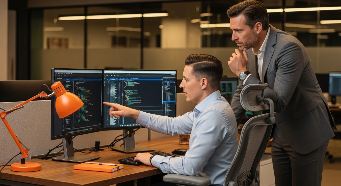 Data analyst at a dual-monitor workstation reviewing SQL queries and dbt model code with a hiring manager partner standing behind the chair during the technical interview probe