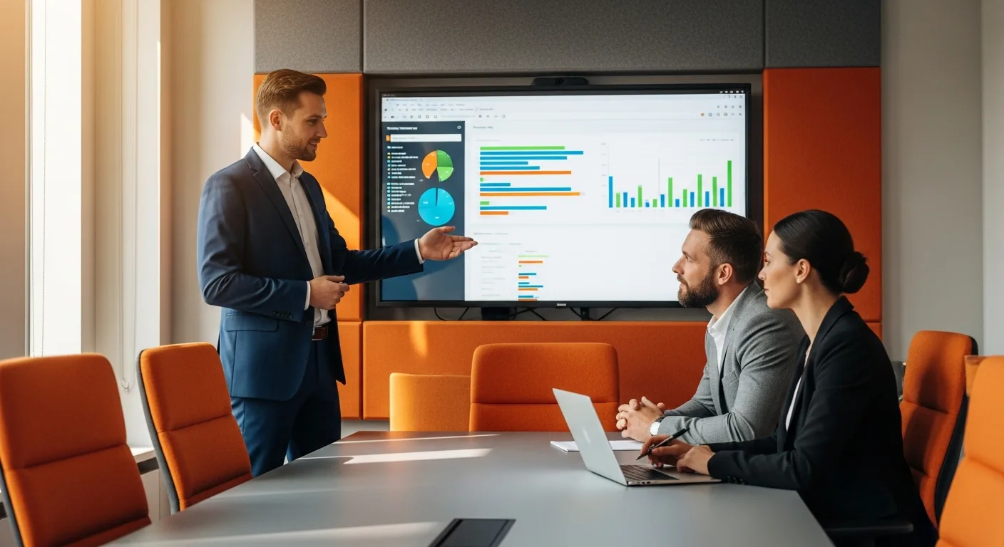 Data analyst presenting take-home case study findings on a wall monitor to two hiring panelists in a modern conference room with orange accents
