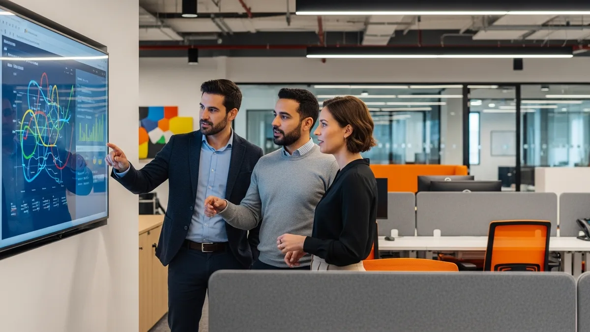 Analytics team discussing a dashboard of charts on a large wall display in a modern office