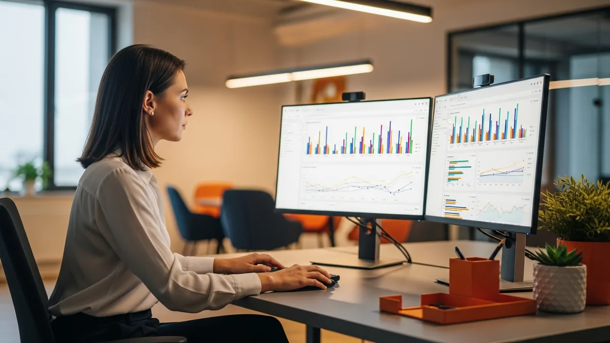 Data analyst reviewing business intelligence dashboards with charts and KPIs on dual monitors at a workstation