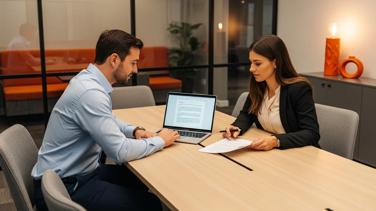 Hiring manager and recruiter reviewing a data analyst job description at a conference table