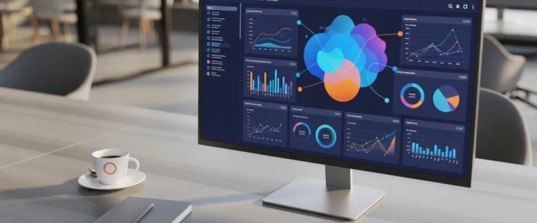 Data analyst workspace with a business intelligence dashboard on screen
