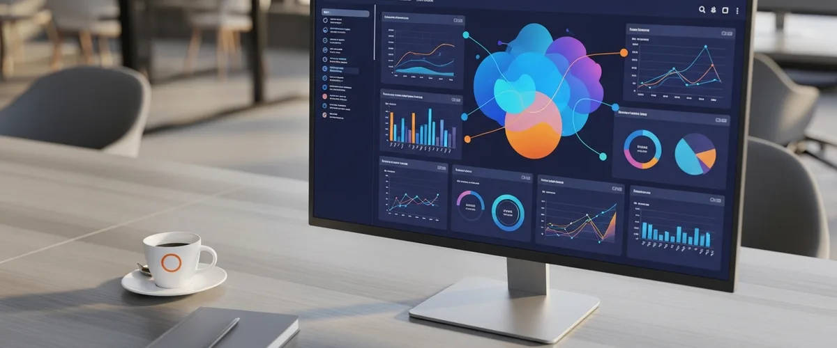 Data analyst workspace with a business intelligence dashboard on screen
