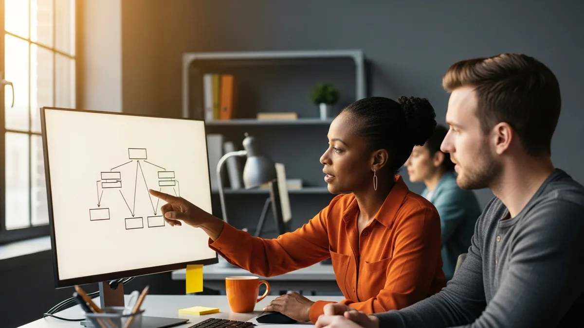 Two data professionals reviewing an entity-relationship data model on a monitor during a technical interview