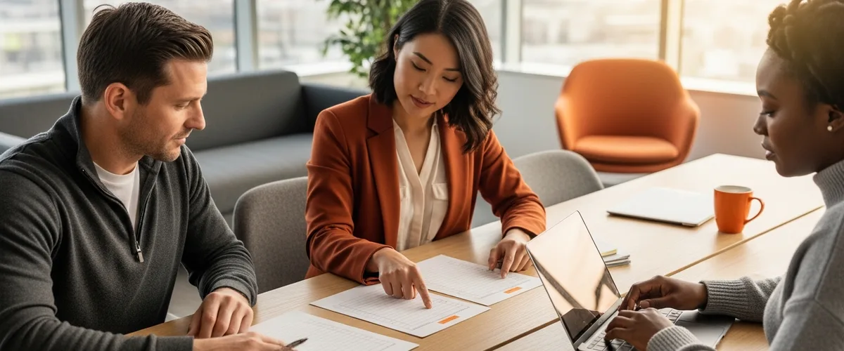 Hiring panel comparing data architect candidate scorecards during an interview debrief