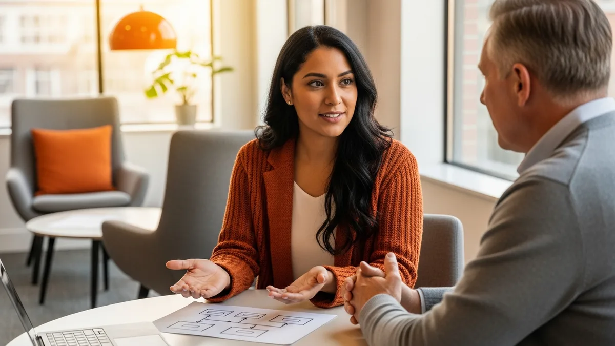 Data architect candidate discussing a data design with a hiring manager across a table