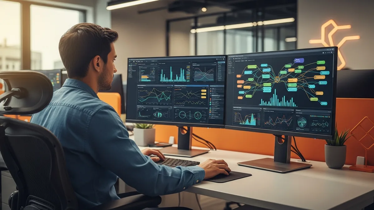 Data architect analyzing data dashboards and node graphs on dual monitors at a workstation in a modern office