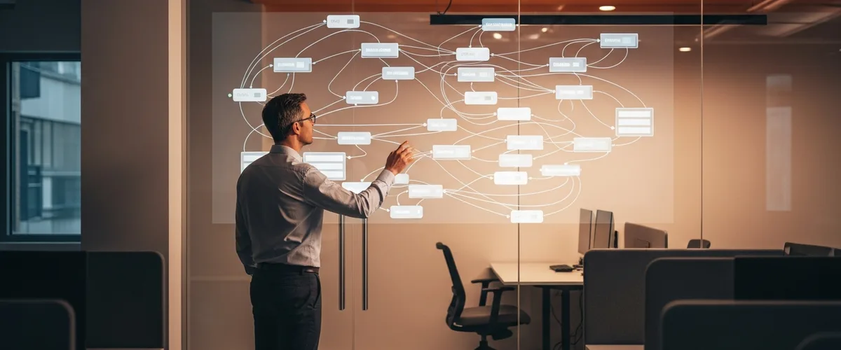 Senior data architect reviewing a cloud data architecture diagram on a glass wall in a modern tech office