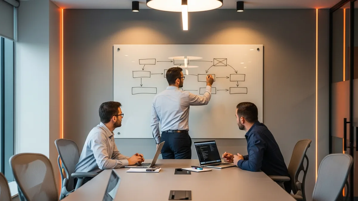 Three technology professionals collaborating on a data architecture design review at a whiteboard