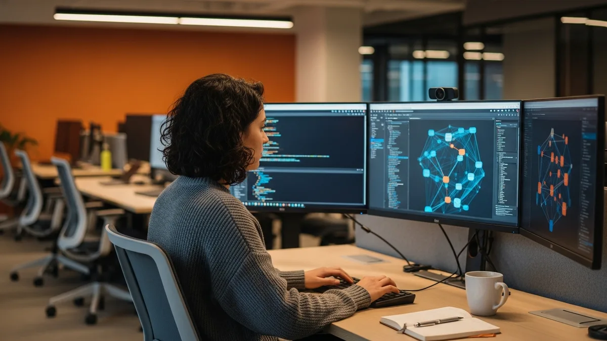 Junior data engineer building data pipelines at a multi-monitor workstation