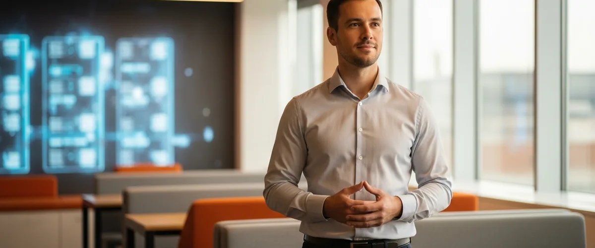 Data engineer standing in a modern office, representing the 2026 data engineer career path from junior to principal