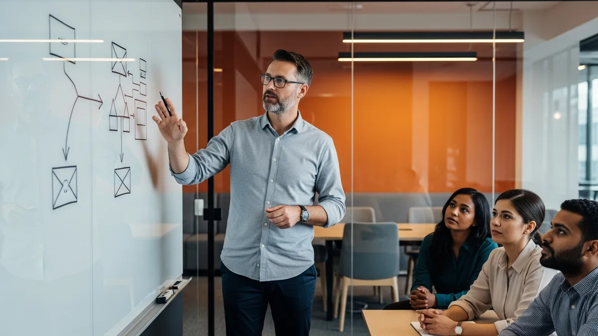 Senior data engineer leading a data architecture design session at a whiteboard with a team
