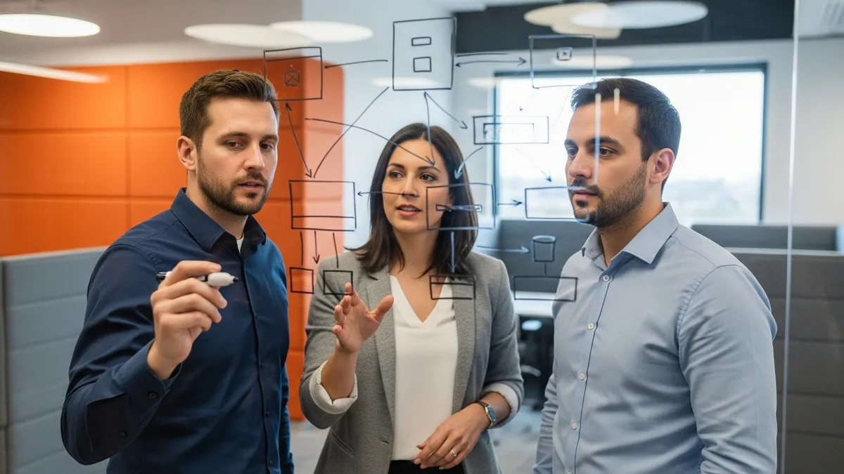 Data engineering team sketching a data platform architecture diagram on a glass whiteboard