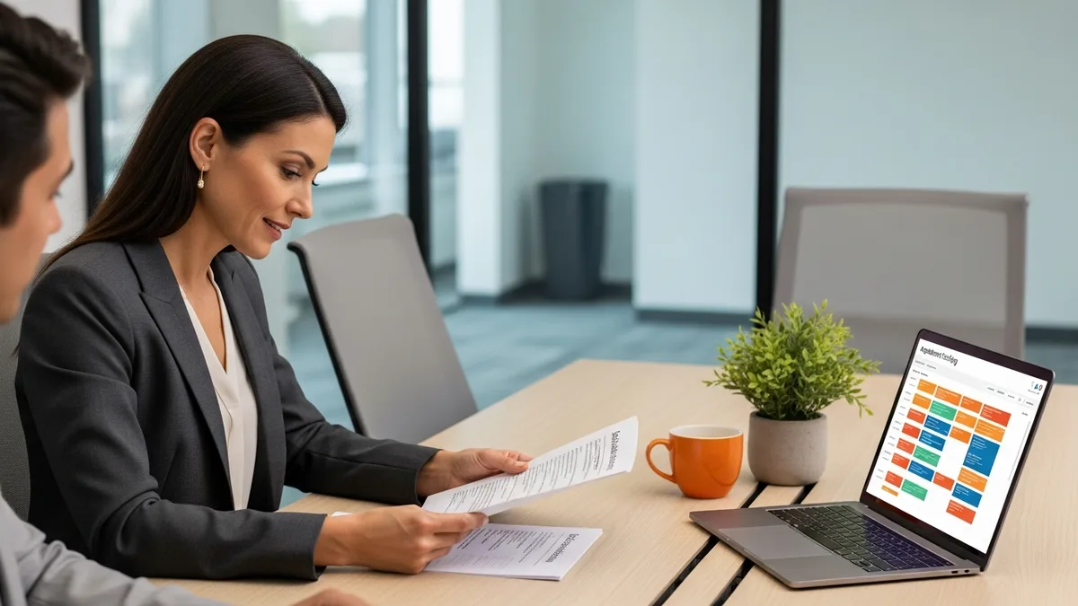Hiring manager reviewing a data engineer job description with a recruiter at a conference table