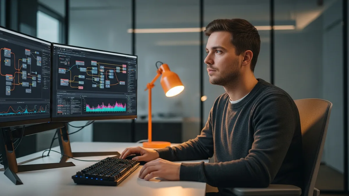 Data engineer monitoring data pipeline orchestration dashboards on dual monitors at a workstation