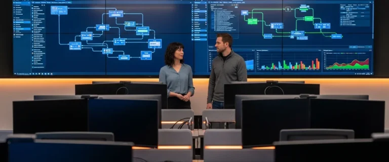Data engineering team reviewing data pipeline dashboards on wall monitors in a modern office