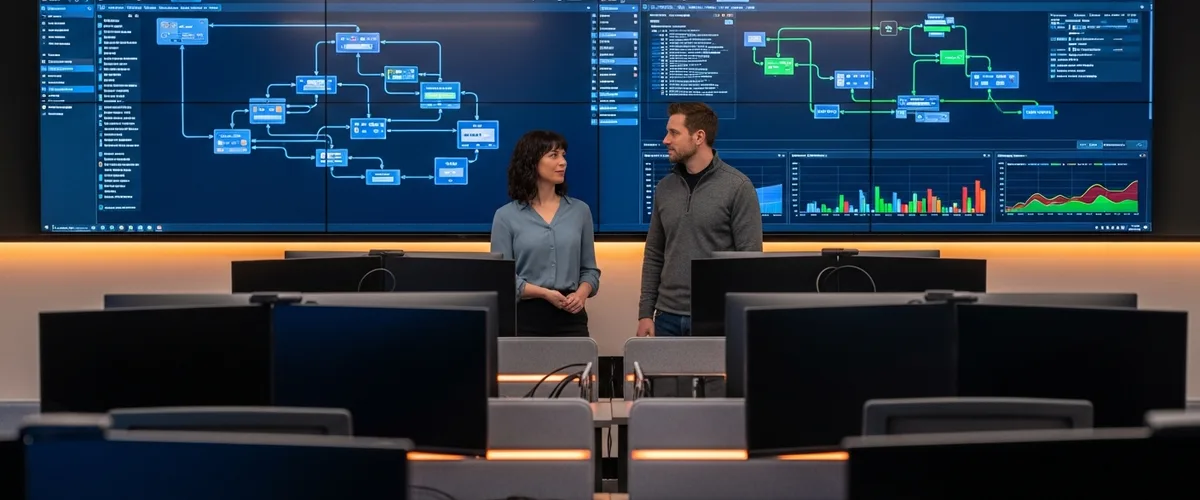 Data engineering team reviewing data pipeline dashboards on wall monitors in a modern office