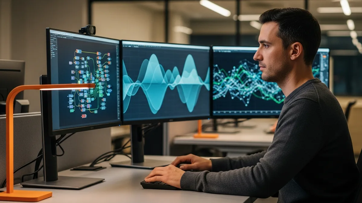 Data engineer monitoring data pipeline dashboards on multiple monitors at a workstation