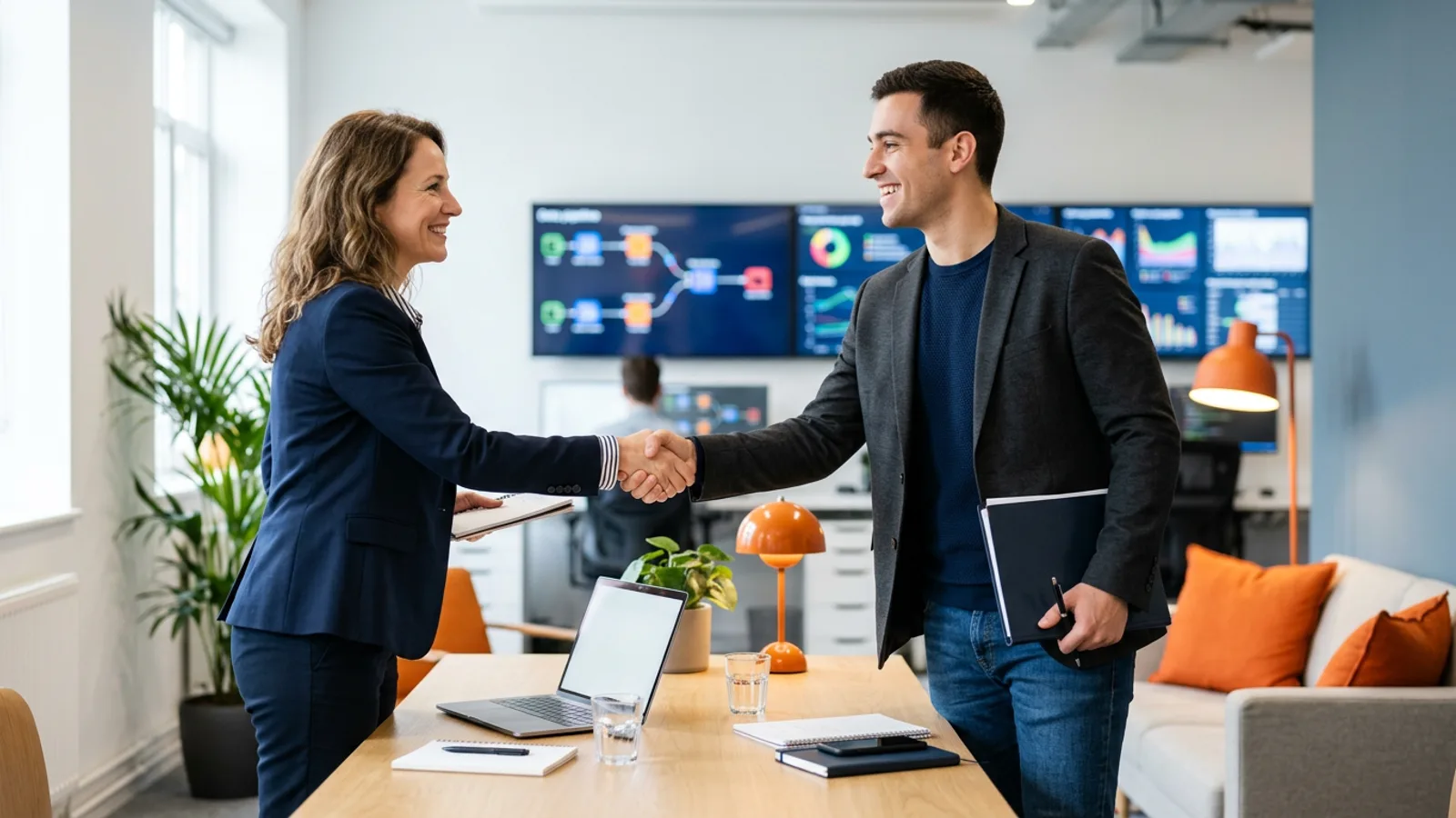 KORE1 data engineer recruiter meeting a data engineering candidate in a bright modern office with pipeline dashboards on screen