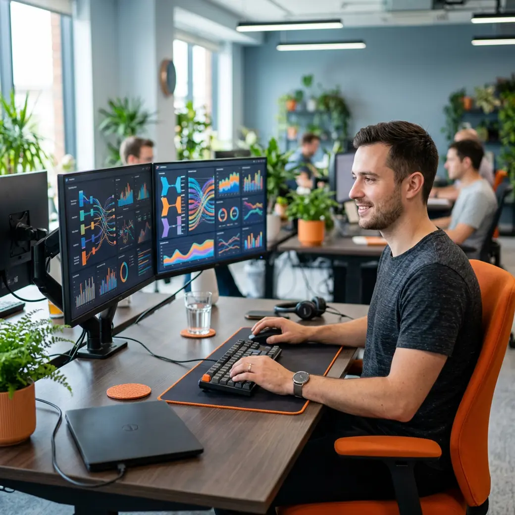 Data engineer placed by KORE1 recruiters working confidently at a modern workstation showing data pipeline monitoring