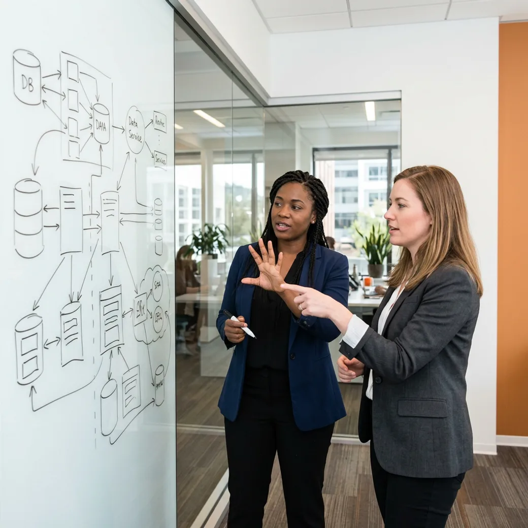 Two KORE1 recruiters comparing notes on data engineering candidates at a whiteboard covered in pipeline diagrams