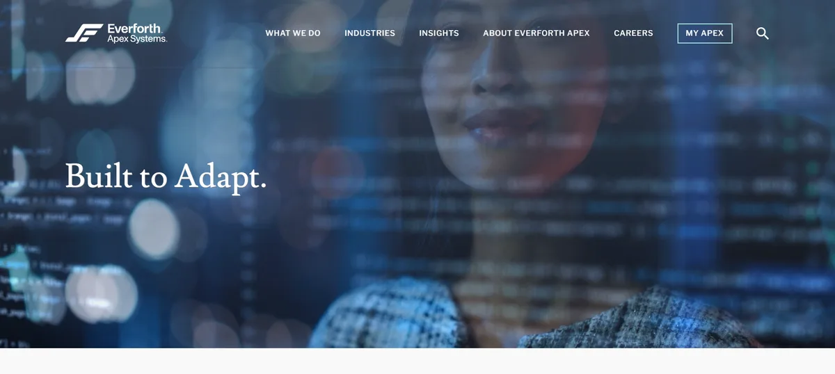 Everforth Apex Systems homepage, a large-scale data engineer staffing firm ranked #4 for 2026